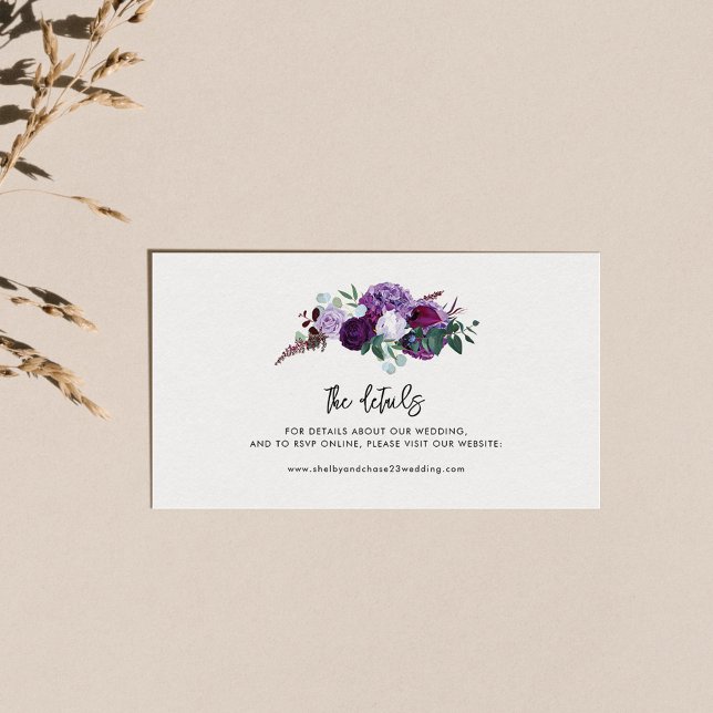Information om lila Blommigt Vattenfärgsskript Brö Tilläggskort (Purple Floral Wedding Details Enclosure Card)