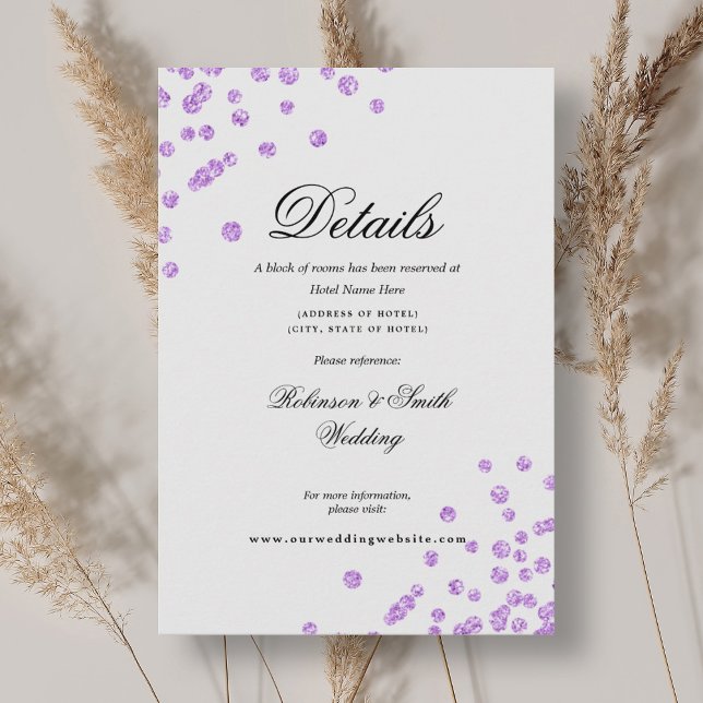 Information om Lila för romsk skript, Konfetti Brö Tilläggskort (Romantic Script Purple Confetti Wedding Details Enclosure Card)