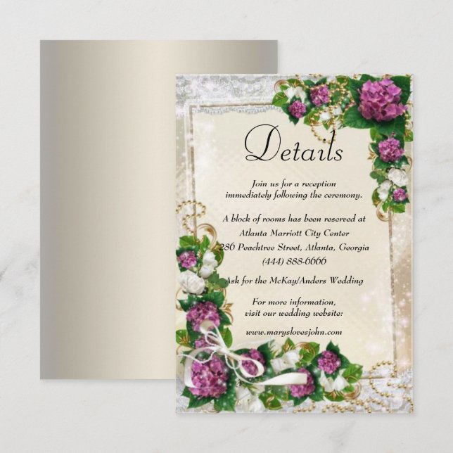 Information om lila Hydrangea och Snöre Bröllop Tilläggskort (Fram/baksida)