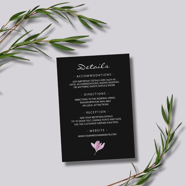 Information om lila Magnolia på Black Blommigt Brö Tilläggskort (Purple Magnolia on Black Floral Wedding Details Enclosure Cards)