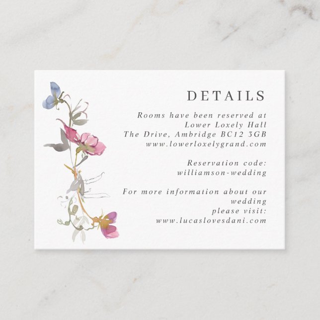 Information om lila och Violet Sweet Pea Bröllop E Tilläggskort (Framsida)