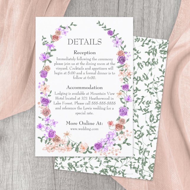Information om Lilac och Peach Ro Garden Vine Bröl Tilläggskort (lilac, purple, peach mixed floral patterns, rose vines, bouquets wedding details info enclosure card)