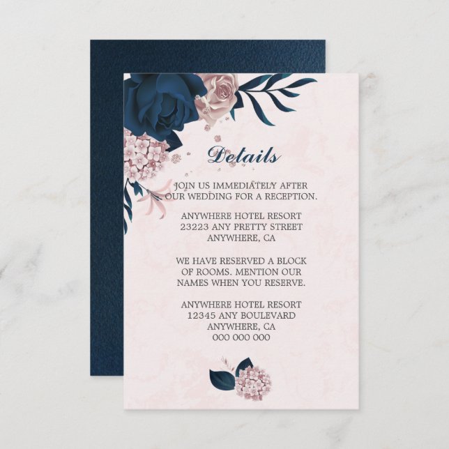 Information om löv av elegant marin och rosa blomm tilläggskort (Fram/baksida)
