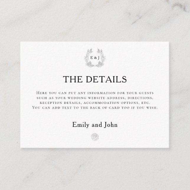 Information om löv Monogram Initialer Black Bröllo Tilläggskort (Framsida)