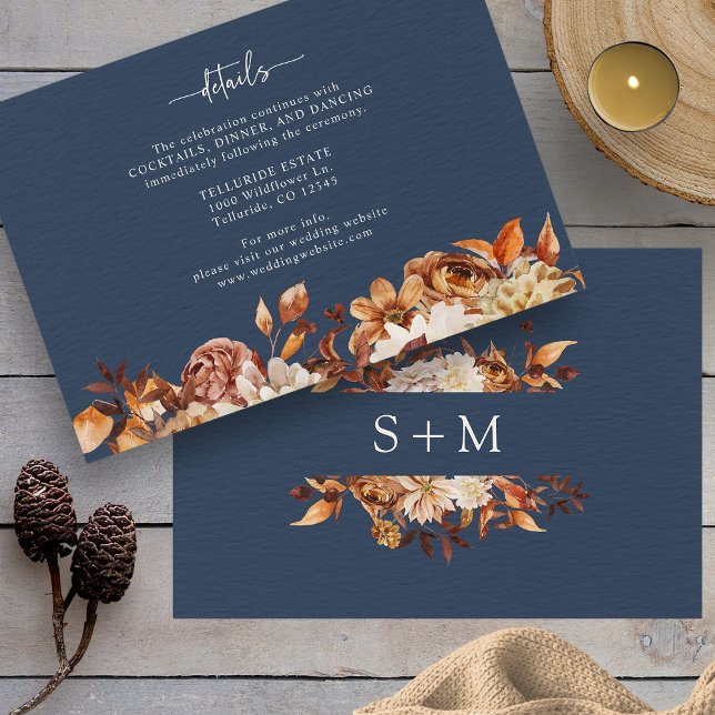 Information om marin blå höst tilläggskort (Navy Blue Autumn Details Enclosure Card Monogram on Back by Painted Paperie
)