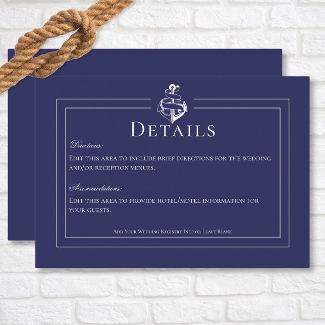 Information om marinblå marinankor Bröllop Tilläggskort (Navy Blue Nautical Anchor Wedding Details Enclosure Card)