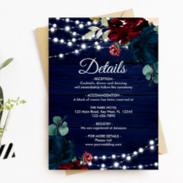 Information om Marsala & Navy Flowers Rustic Wood Tilläggskort