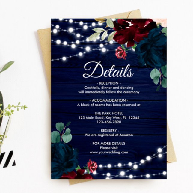 Information om Marsala & Navy Flowers Rustic Wood Tilläggskort (Skapare uppladdad)