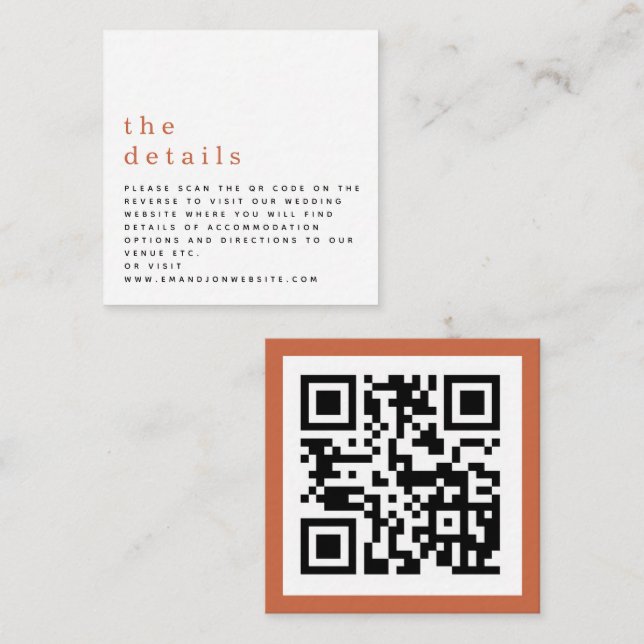 Information om MINI QR-koden Terracotta Bröllop Tilläggskort (Fram/baksida)