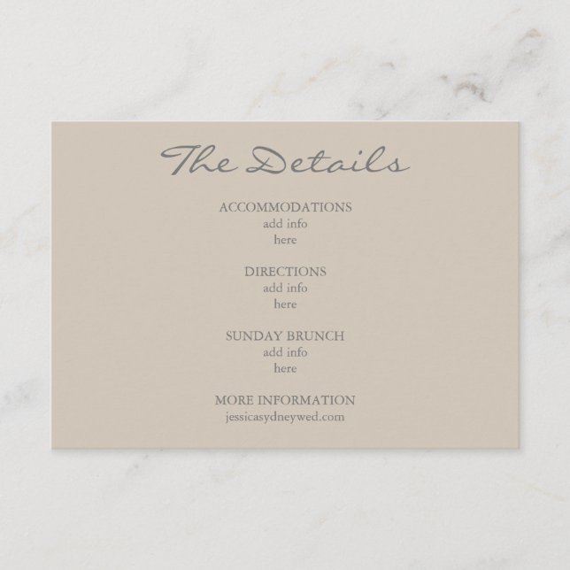Information om minimal Beige Taupe-skript Bröllop Tilläggskort (Framsida)