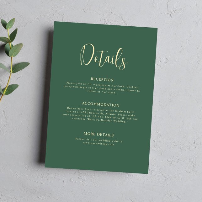 Information om minimal Elegant bröllop-Grönt för s Tilläggskort (Script Green Minimalist Elegant Wedding Details Enclosure Card)