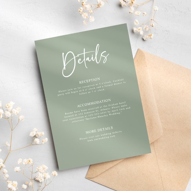 Information om minimal Elegant bröllop-Grönt Tilläggskort (Sage Green Minimalist Elegant Wedding Details Enclosure Card)