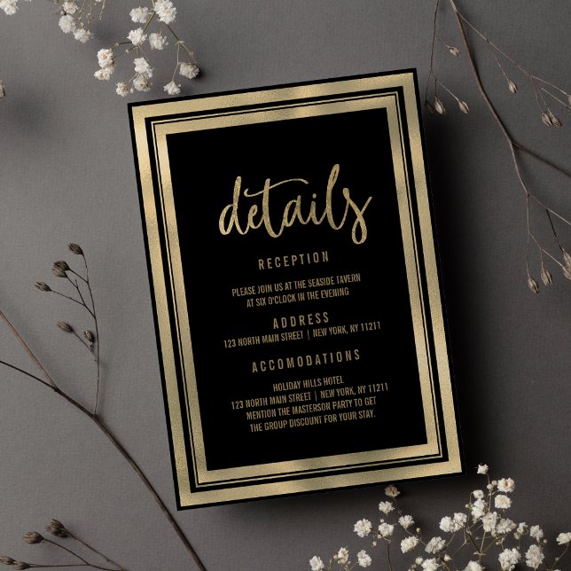 Information om minimalistisk lyxsvart guld bröllop inbjudningar (Minimalist luxury black gold wedding Details )