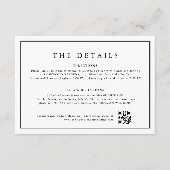 Information om minimalistiskt svartvitt Löv Bröllo Tilläggskort (Framsida)