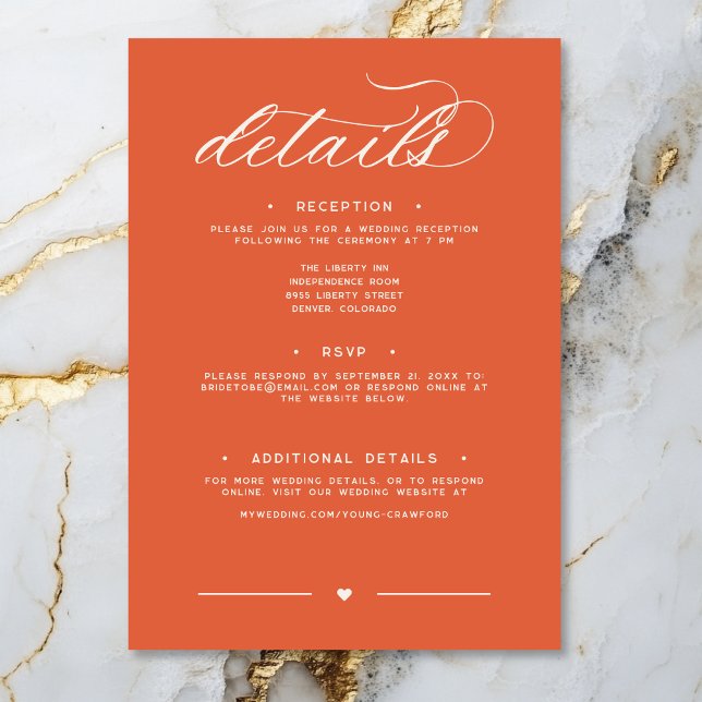 Information om minimiskript för Orange i modern Su Tilläggskort (Modern Sunset Orange Script Minimal Wedding Detail Enclosure Card)