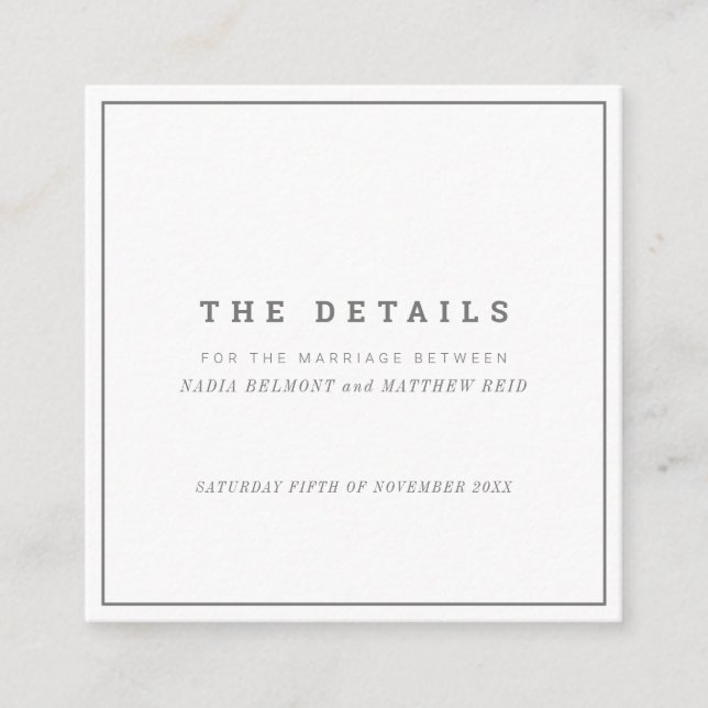 Information om minsta grått-vita kvadratiska bröll tilläggskort (Framsida)