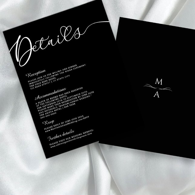 Information om minsta moderna svartvita kalligrafi inbjudningar (minimalist modern black and white wedding details card)
