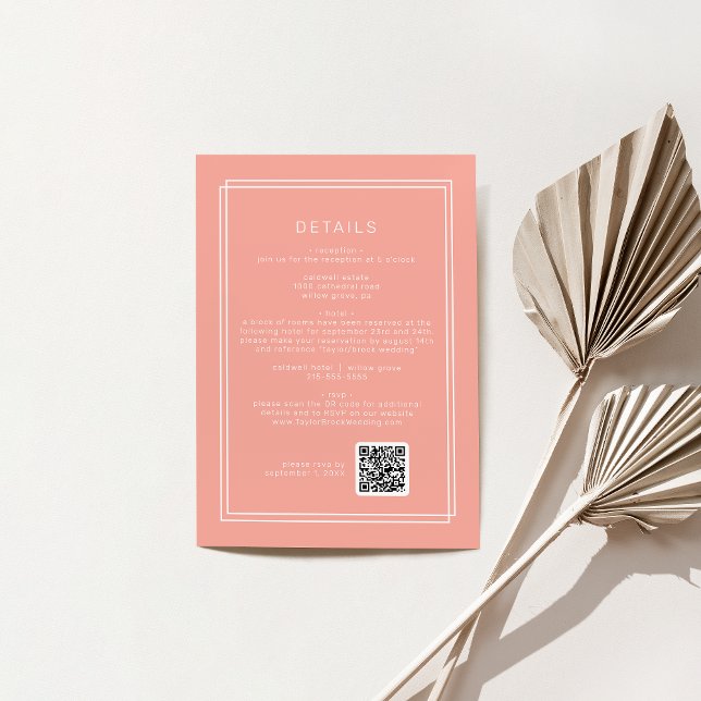 Information om minsta  Peach QR-kod för Bröllop Tilläggskort (AVERY Minimal Blush Peach QR Code Wedding Details Enclosure Card)