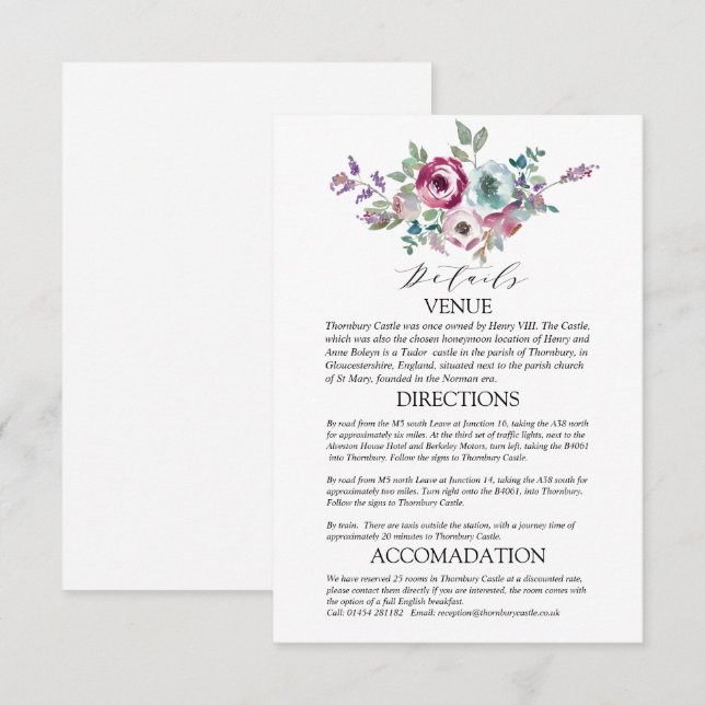 Information om Mint & Mauve Blommigt Bröllop Tilläggskort (Fram/baksida)