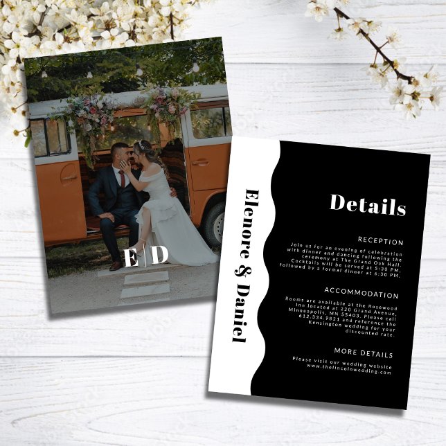 Information om Modern Black White Side Wave Photo  Tilläggskort (Modern Black White Side Wave Photo Wedding Details Enclosure Card)