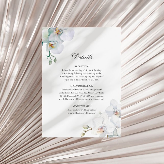 Information om Modern Elegant White Orchids Bröllo Inbjudningar (Modern Elegant White Orchids Wedding Details Invitation on  a sunny white dry palm leaf.)