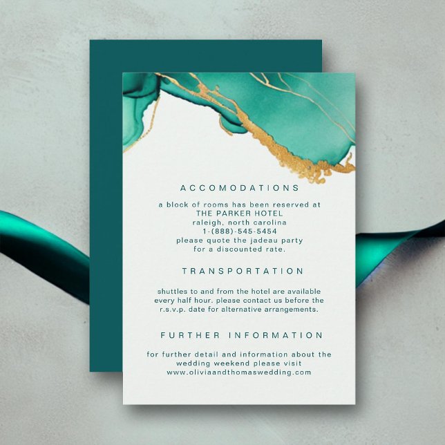 Information om Modern Emerald Guld Sommarbeach ons Tilläggskort (emerald green gold modern wedding details card elegant romantic beach)
