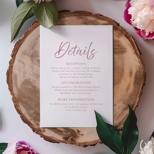 Information om Modern Minimal Dusty Rosa Script Br Tilläggskort (modern minimalist script calligraphy dusty pink wedding enclosure card)