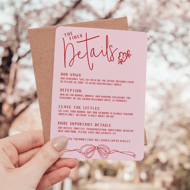 Information om Modern Quirky Hand plockade Bow ROS Tilläggskort (Unique modern retro hand drawn pink & red bow floral script vintage wedding invitation details card)