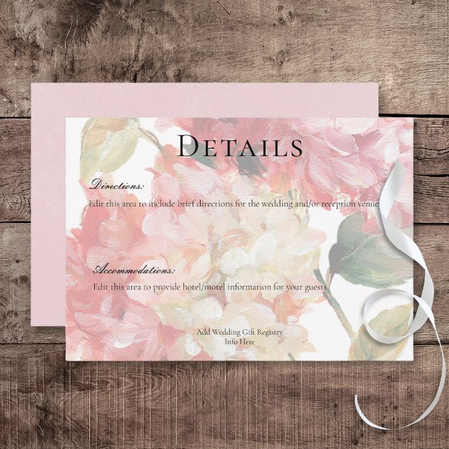 Information om Modern Rosa  Hydrangea Bröllop Tilläggskort (Modern Pink Blush Hydrangea Wedding Details Card)
