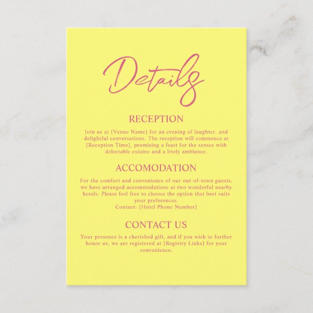 Information om modern Rosa och Butter Gult Bröllop Tilläggskort (Framsida)