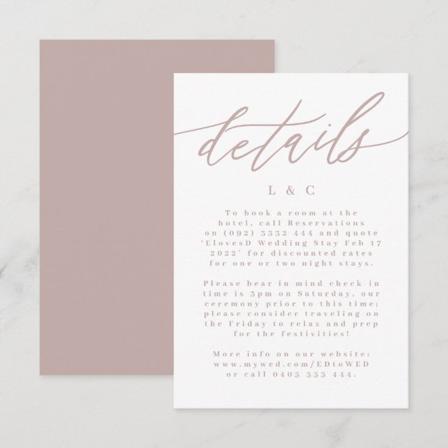 Information om modern Rosa Taupe Calligraphy Bröll OSA Kort (Fram/baksida)