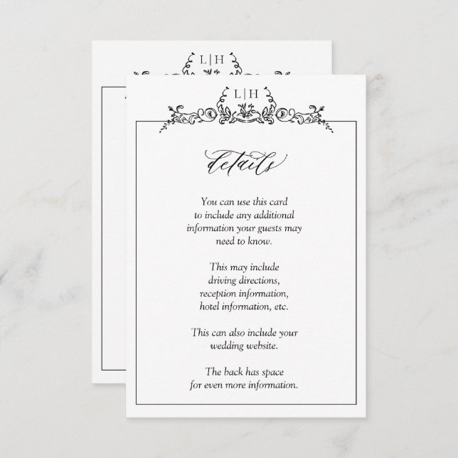 Information om Monogram Black White Blommigt Gräns Tilläggskort (Fram/baksida)