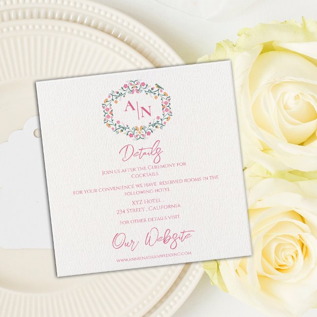 Information om Monogram Elegant Blommigt Ram Bröll Tilläggskort (Monogram Elegant Floral Frame Wedding Details Enclosure Card)
