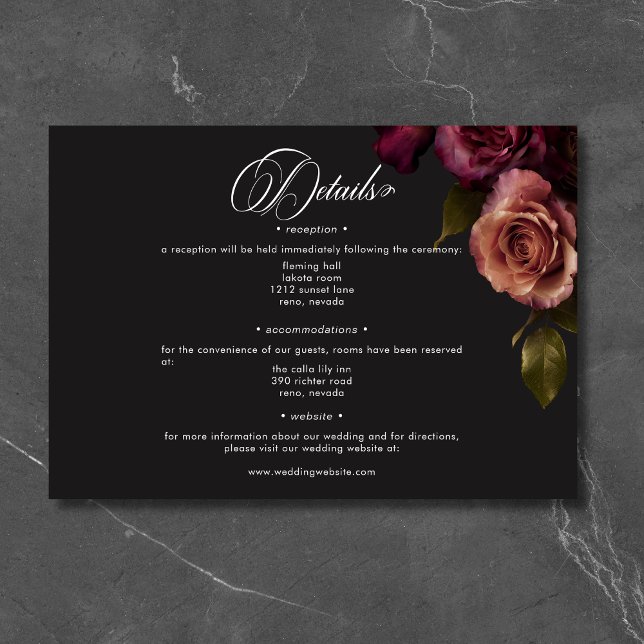 Information om Moody Blommigt för elegant av upplö Tilläggskort (Elegant Moody Muted Rust & Burgundy Floral Details Enclosure Card)