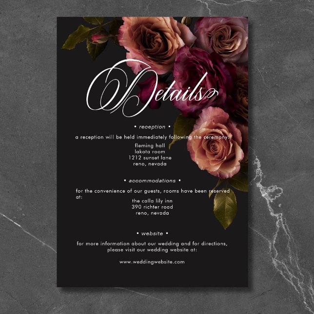 Information om Moody Blommigt för elegant av upplö Tilläggskort (Elegant Moody Muted Rust & Burgundy Floral Details Enclosure Card)