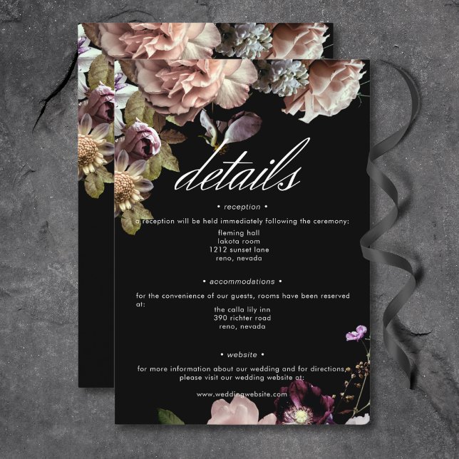 Information om Moody pastellopulent Blommigt, svar Tilläggskort (Dark Moody Pastel Opulent Floral Black Details Enclosure Card)