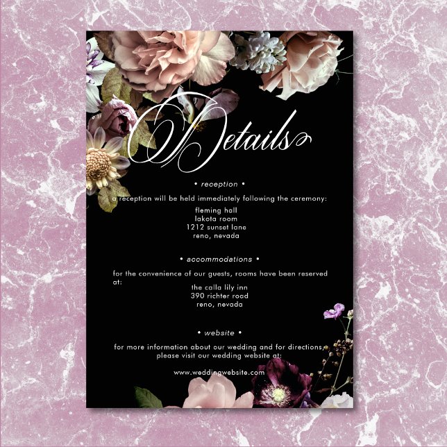 Information om Moody pastellopulent Blommigt, svar Tilläggskort (Dark Moody Pastel Opulent Floral Black Details Enclosure Card)