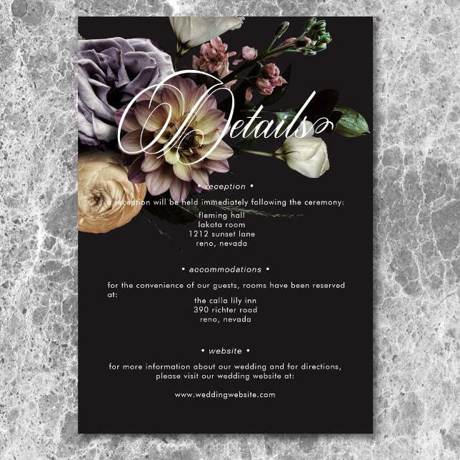 Information om Moody Twilight Muted Blommigt elega Tilläggskort (Elegant Moody Twilight Muted Floral Wedding Thank You Card)