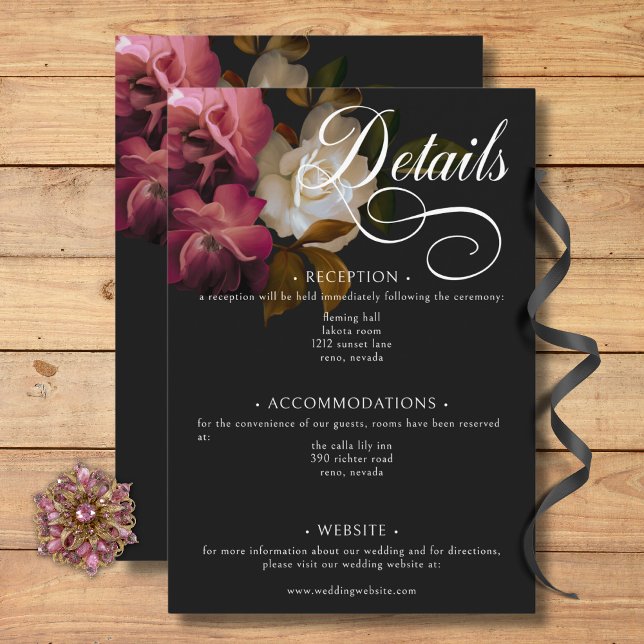 Information om mörk Moody Burgundy & Cream Peonies Tilläggskort (Dark Moody Burgundy & Cream Peonies Black Details Enclosure Card)