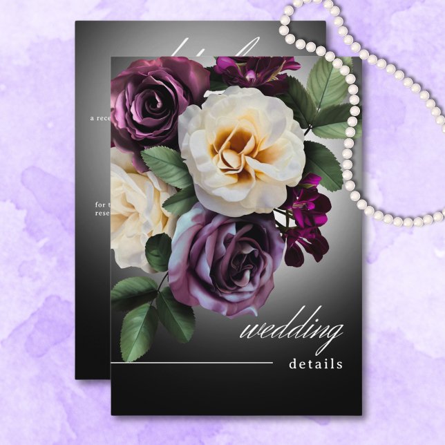 Information om mörk Moody Midnight Lila Blommigt R Tilläggskort (Dark Moody Midnight Purple Floral Romance Details Enclosure Card)