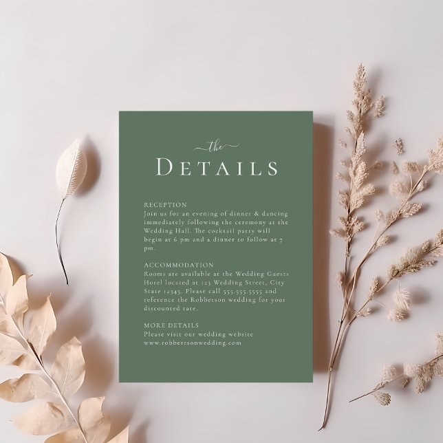 Information om mörk Sage Grönt Modern Minimalist B Inbjudningar (Dark Sage Green Modern Minimalist Wedding Details Invitation on a table with blush pink flowers.)