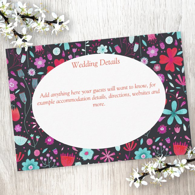 Information om Mörken Bröllop för färgen Flower Me Tilläggskort (Dark floral custom wedding details card)