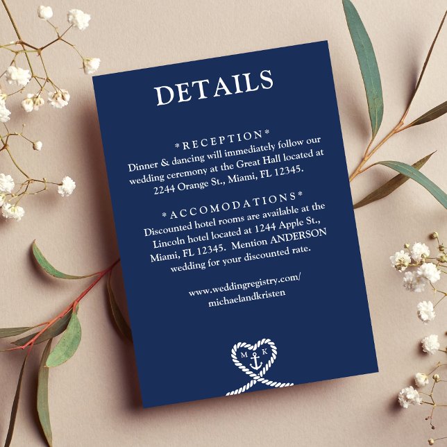 Information om Nautical Blue Heart Rope Monogram B Tilläggskort (Nautical Blue Heart Rope Monogram Wedding Details Enclosure Card)
