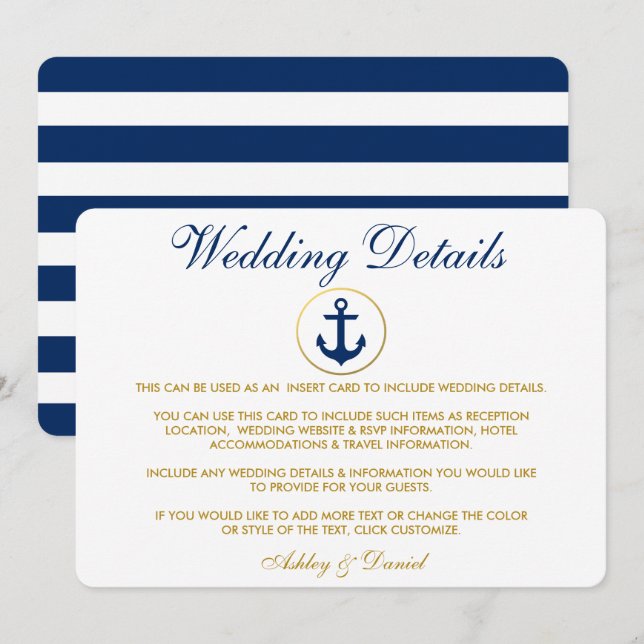 Information om Nautical Blue Rand Guld Bröllop Inbjudningar (Fram/baksida)