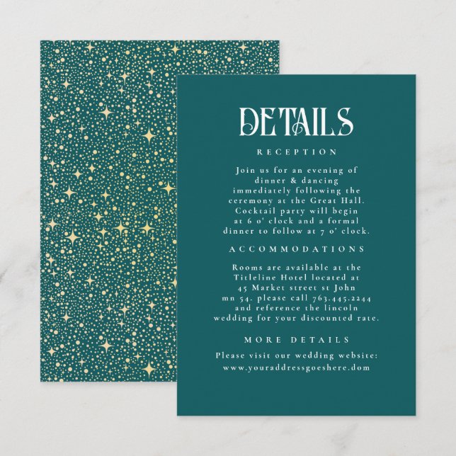 Information om Night Stars Teal Bröllop Tilläggskort (Fram/baksida)