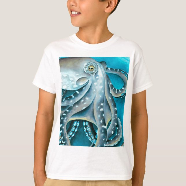Information om oktopus blå vattenfärg t shirt (Framsida)