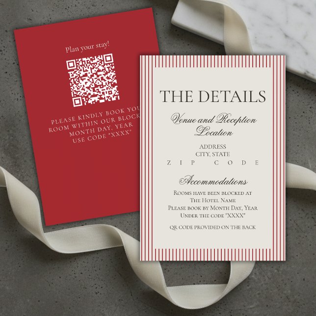 Information om Old Money Script Red Rand Bröllop Tilläggskort (Old Money Script Red Stripe Wedding Details Enclosure Card)