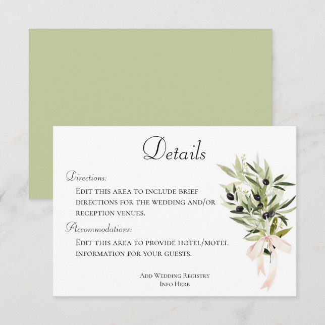 Information om Olive Gren Bouquets Bröllop Tilläggskort (Fram/baksida)