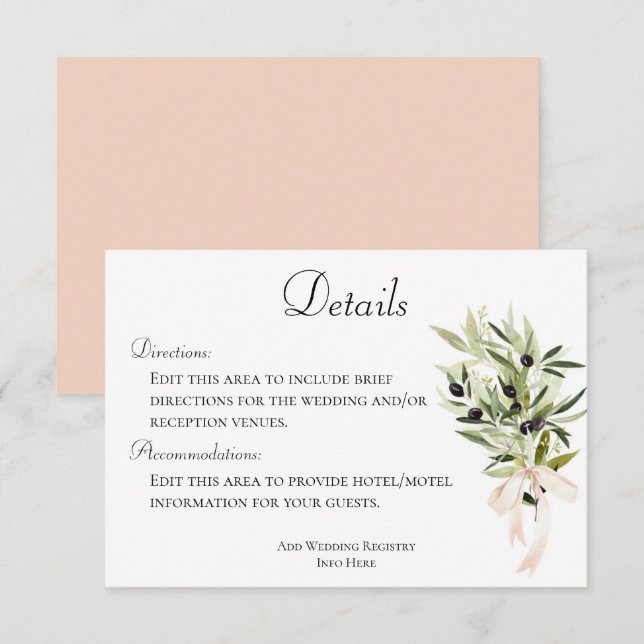 Information om Olive Gren Bouquets Bröllop Tilläggskort (Fram/baksida)