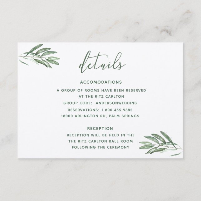 Information om Olive Löv Bröllop-kort Tilläggskort (Framsida)